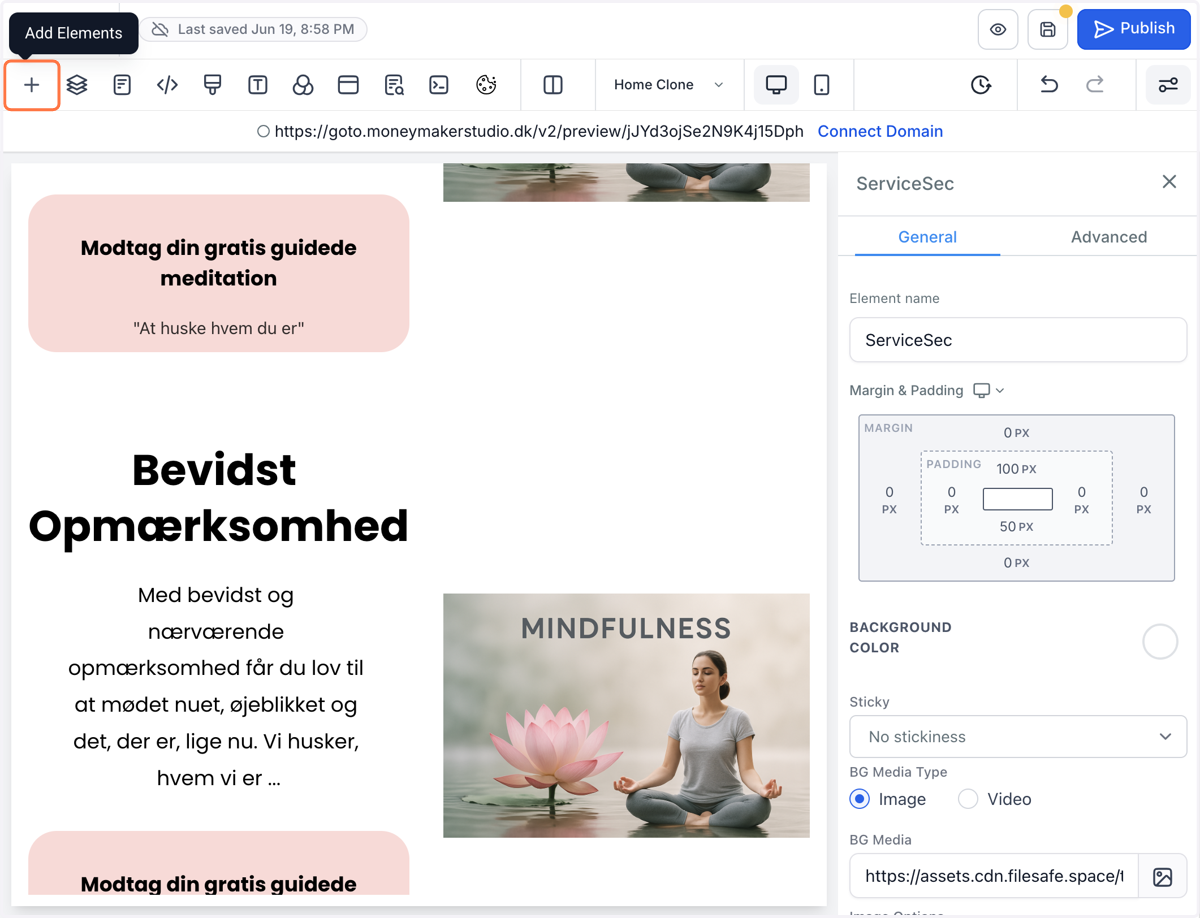 Gå til den side, funnelstep, email du vil indsætte din sektion i - klik på + tegnet