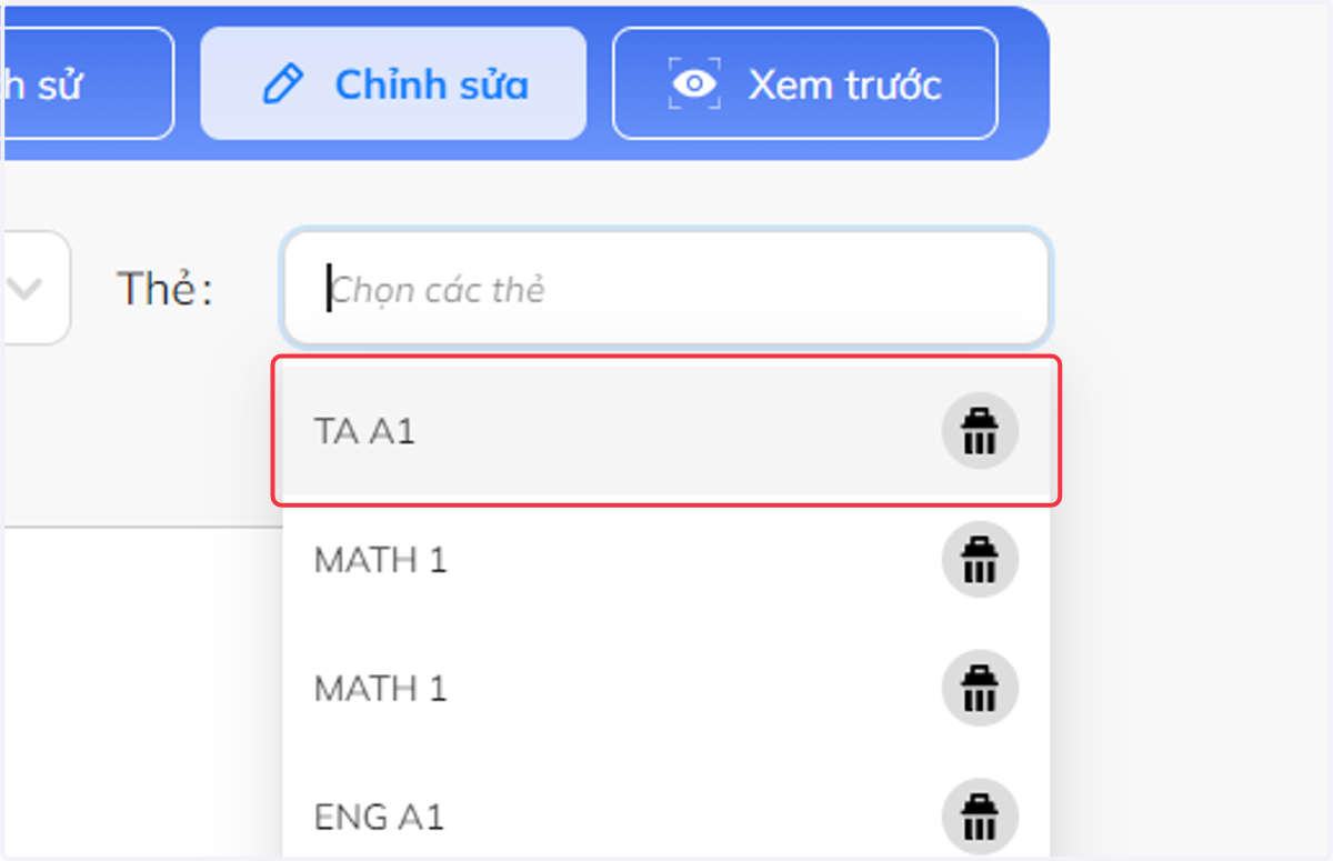 Nhấn chọn thẻ đã tạo