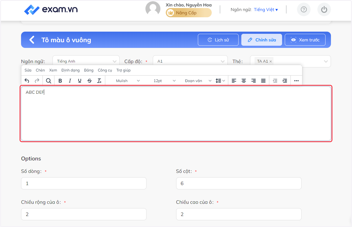 Nhập văn bản vào khung câu hỏi