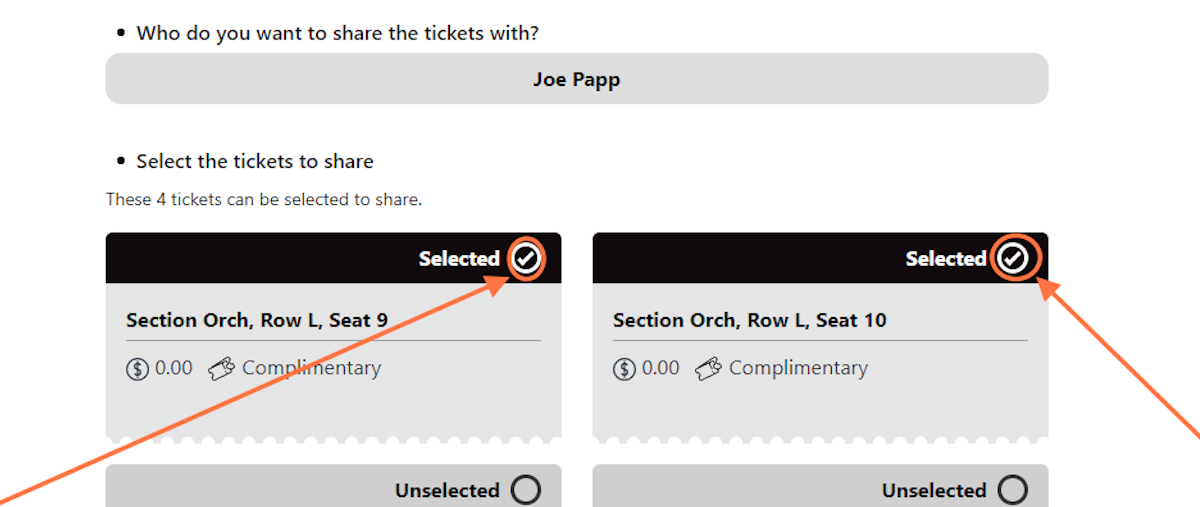 Click on the circles to the corresponding tickets you would like to share. 