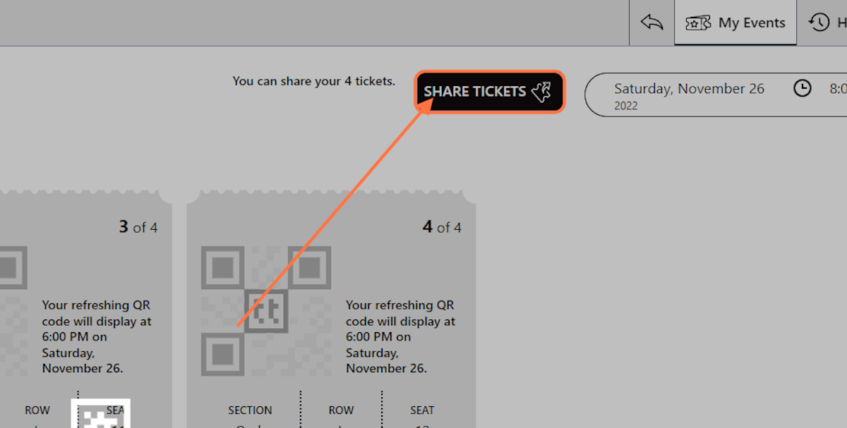 Click on SHARE TICKETS on the upper right side of your screen.