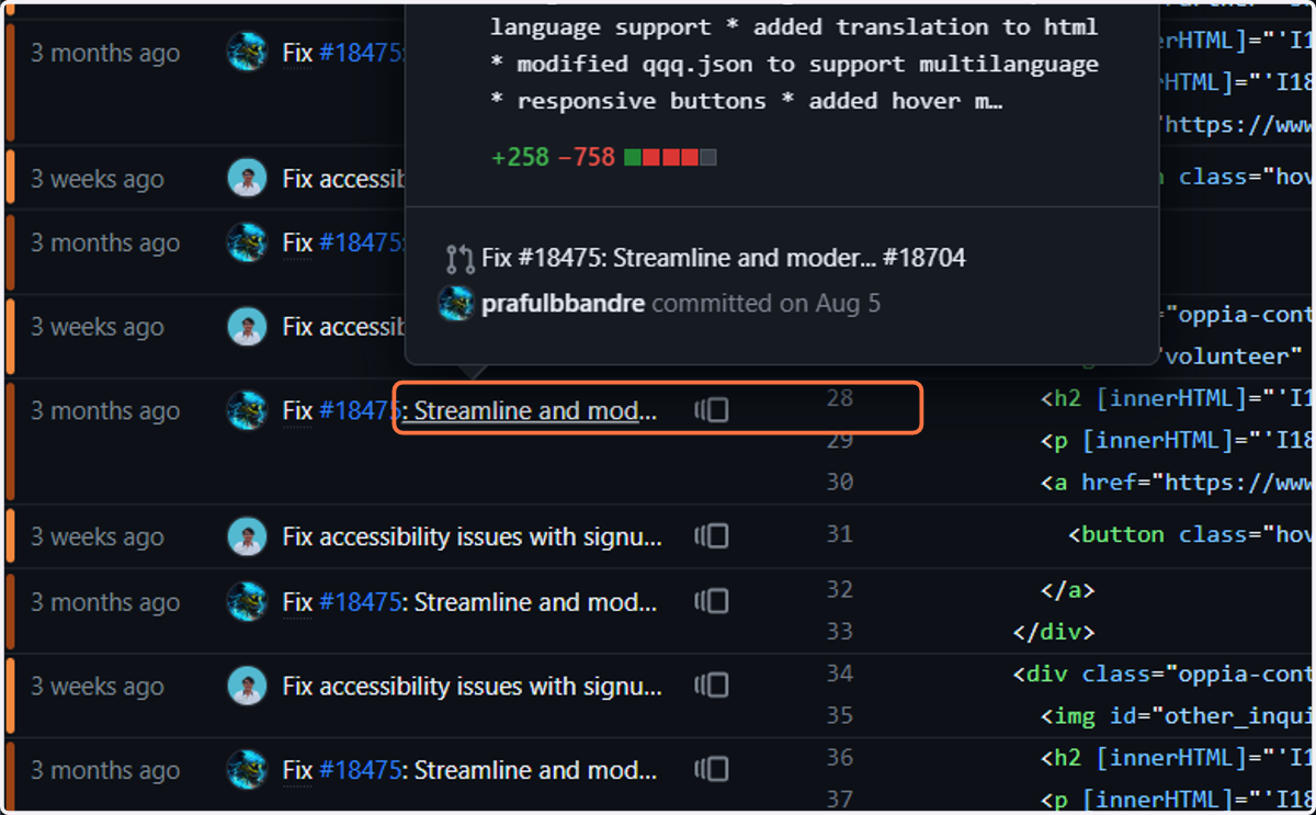 click the line shown in the image to see the pr that had introduced the changes to the line.