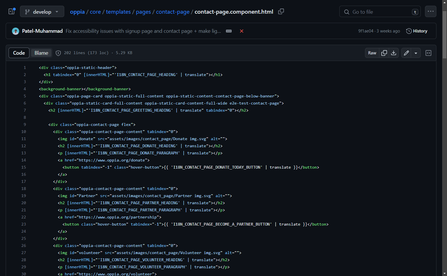 Click on Blame to use the blame feature provided by github