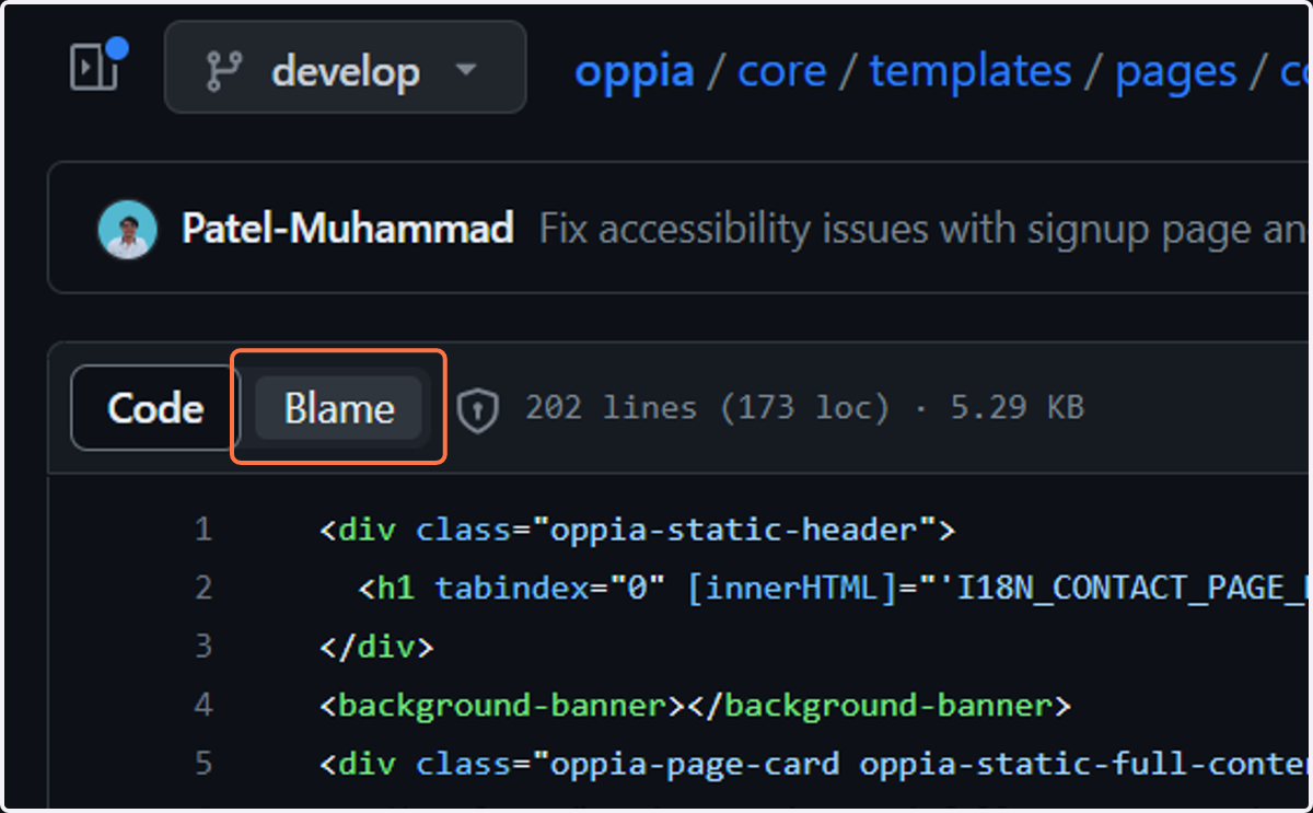 Click on Blame to use the blame feature provided by github