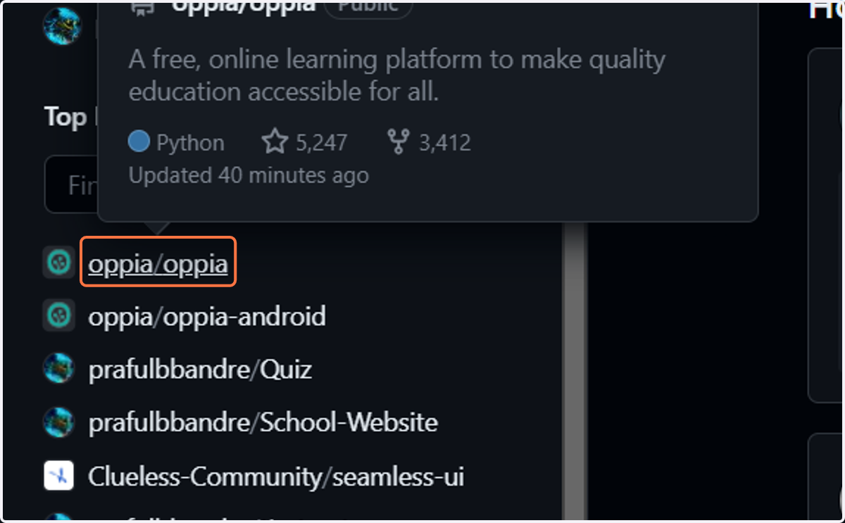 Click on oppia/oppia to select the repo