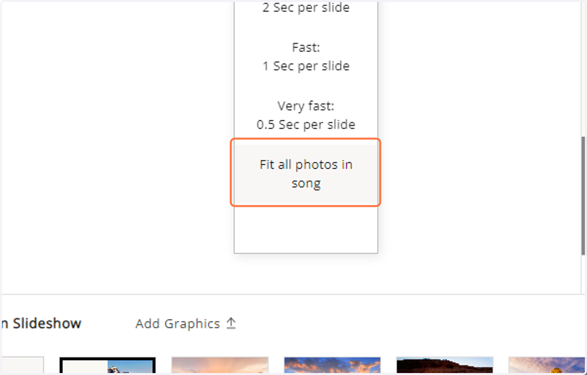 You can "Fit all photos in song" to stretch the duration of each photo and cover the whole track.