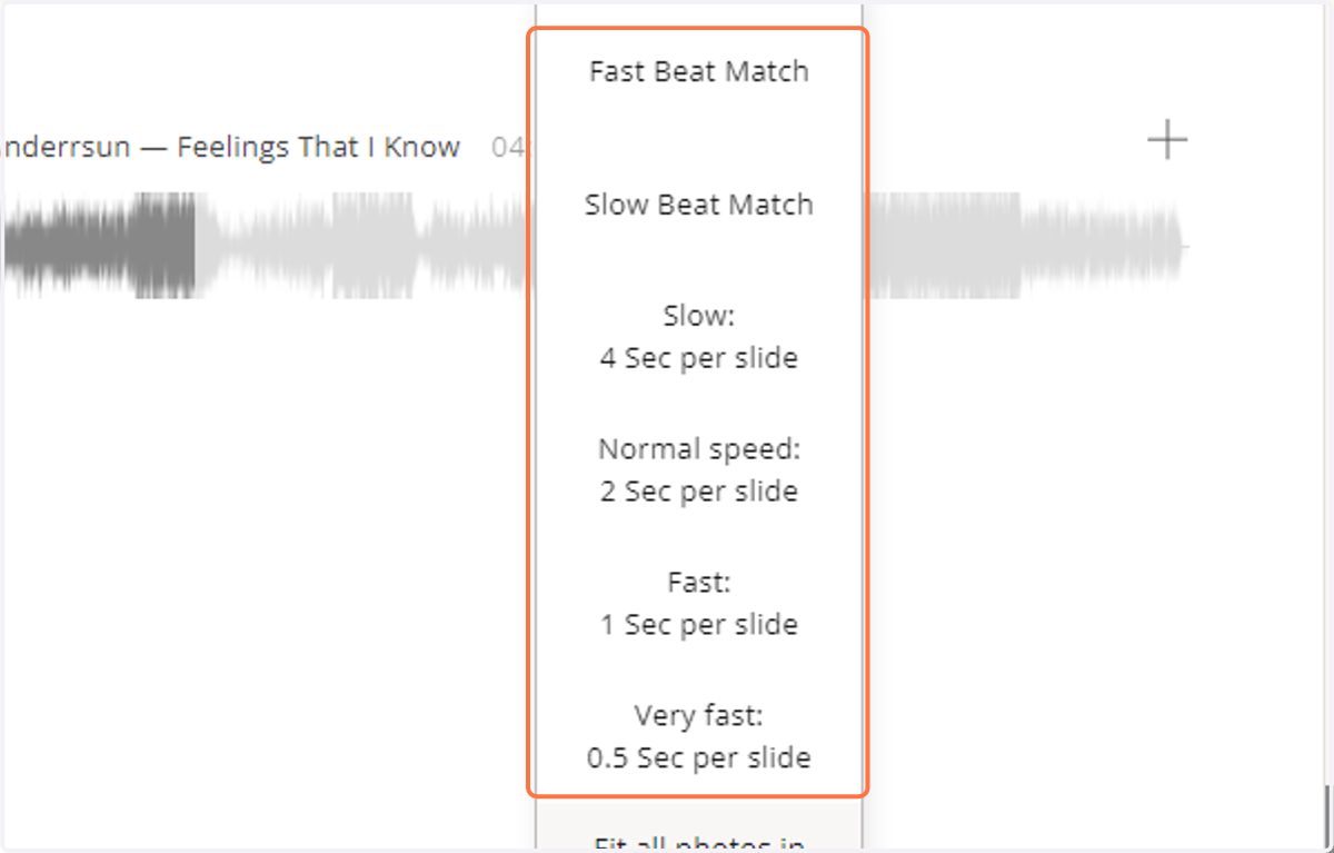 You can also match the image transition to the beat of the track with the "Fast Beat Match", "Slow Beat Match", "Slow" "Normal speed", "Fast", and "Very fast" options.