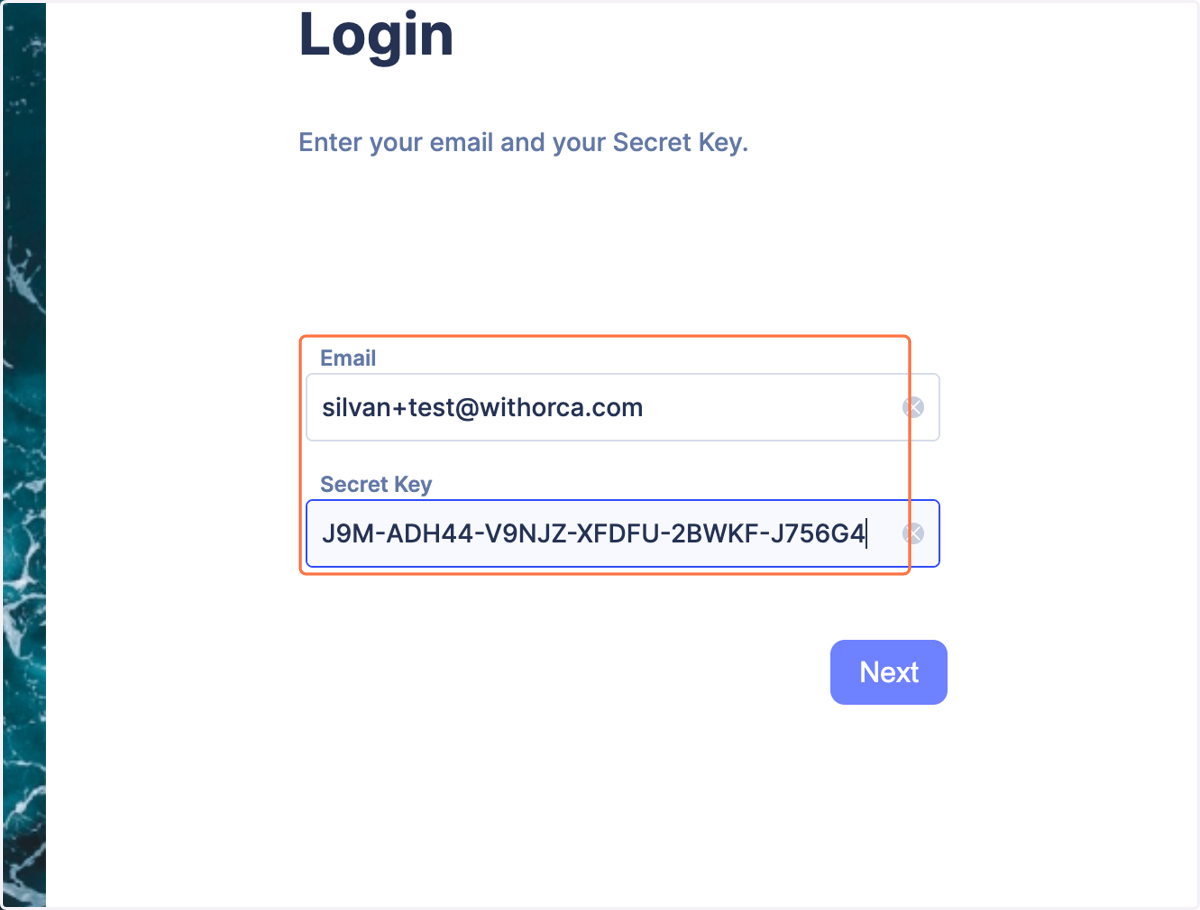 Enter your e-mail and secret key