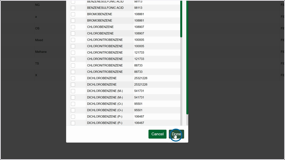 Click Done when you have your chemicals chosen.