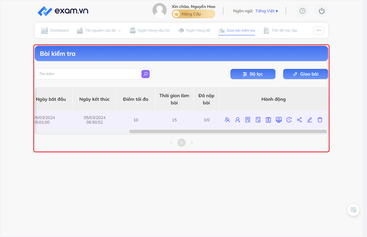 Màn hình hiển thị "Bài kiểm tra"