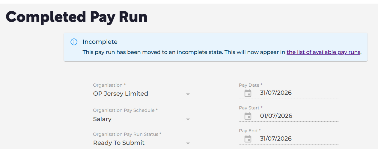 You can either select the link to 'the list of available pay runs' or go back to the payroll screen on the main menu on the left.