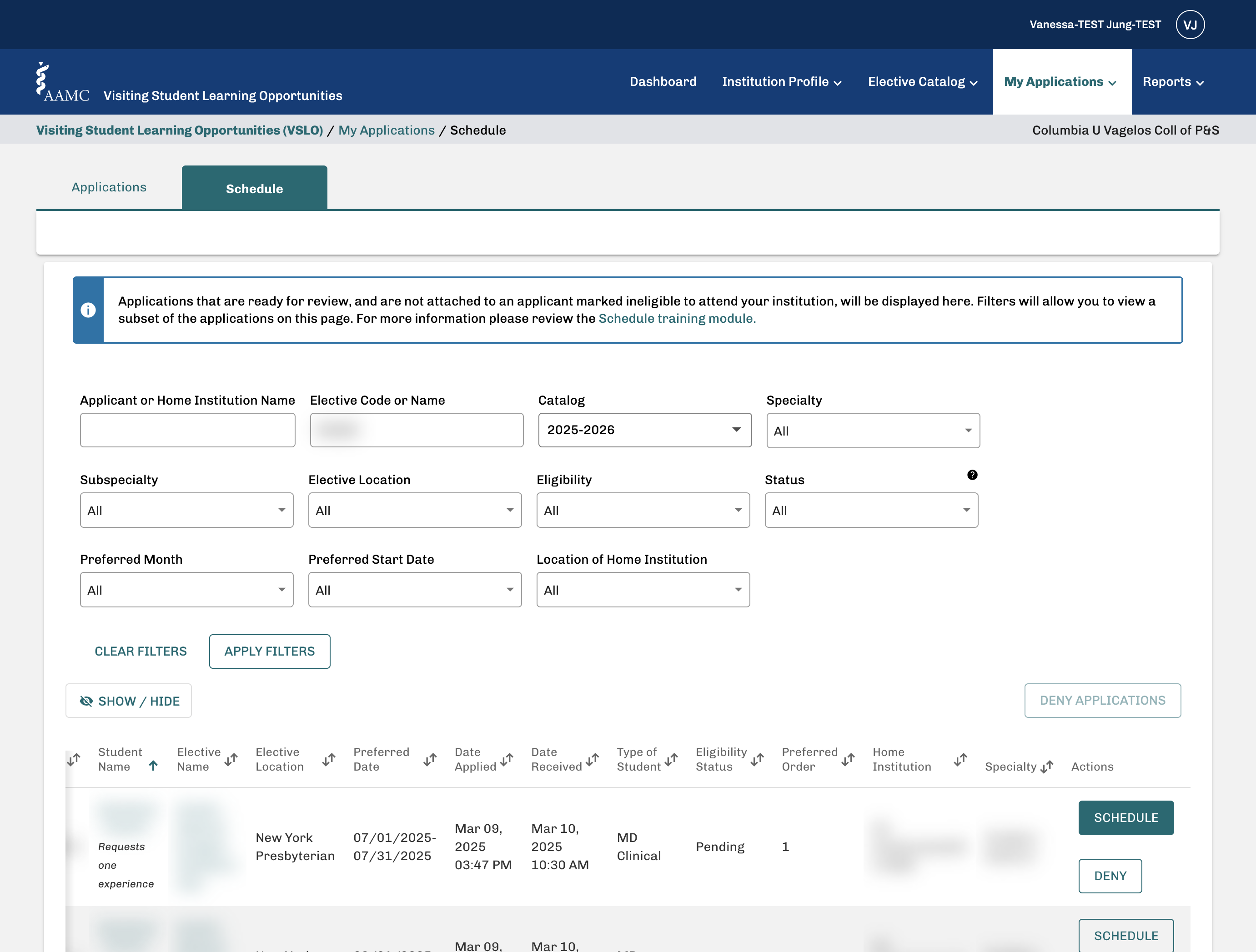 To accept an application: Click on SCHEDULE IMPORTANT: Make sure to scroll all the way to the right if you don't see the Schedule button.