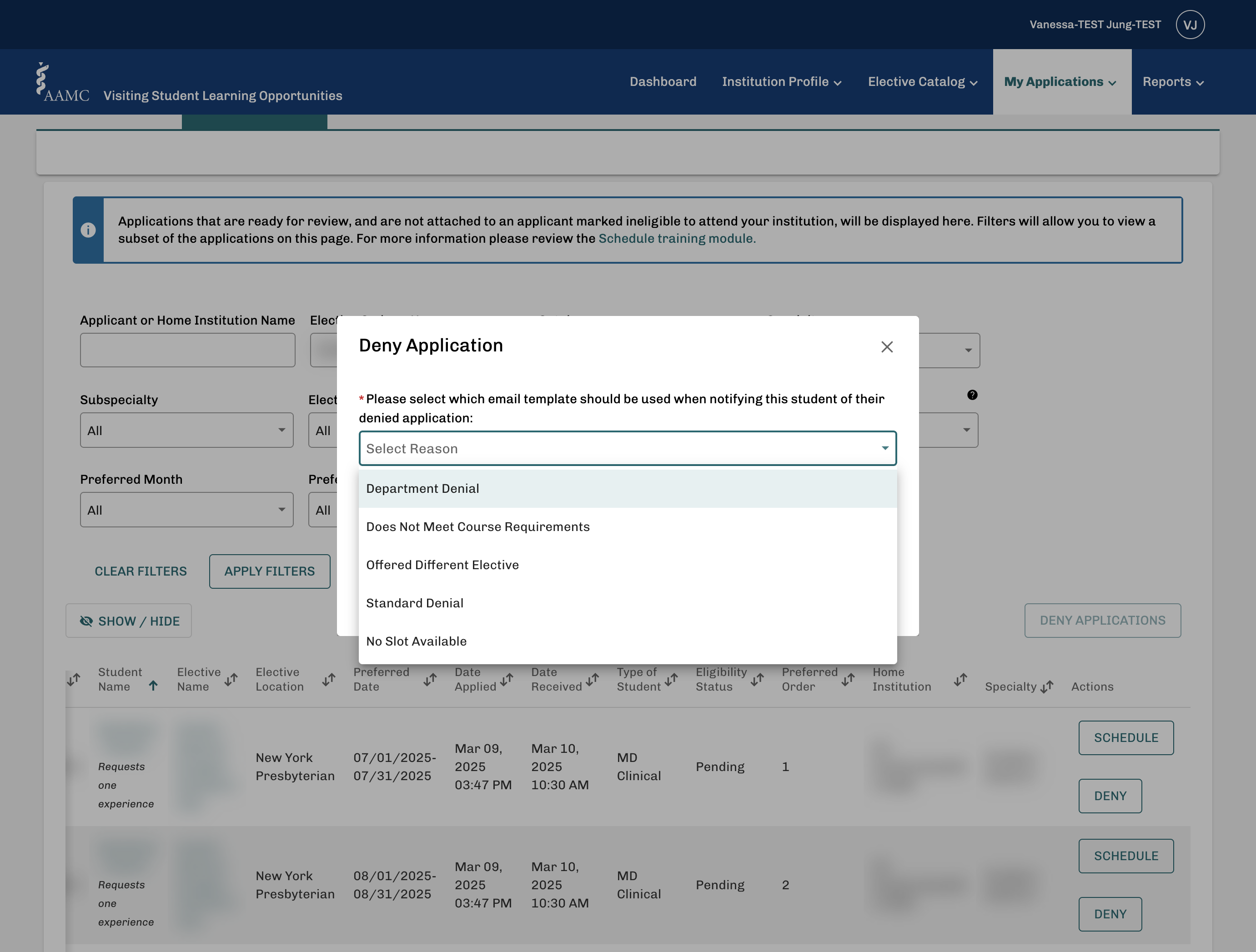 Select a reason, i.e. Department Denial