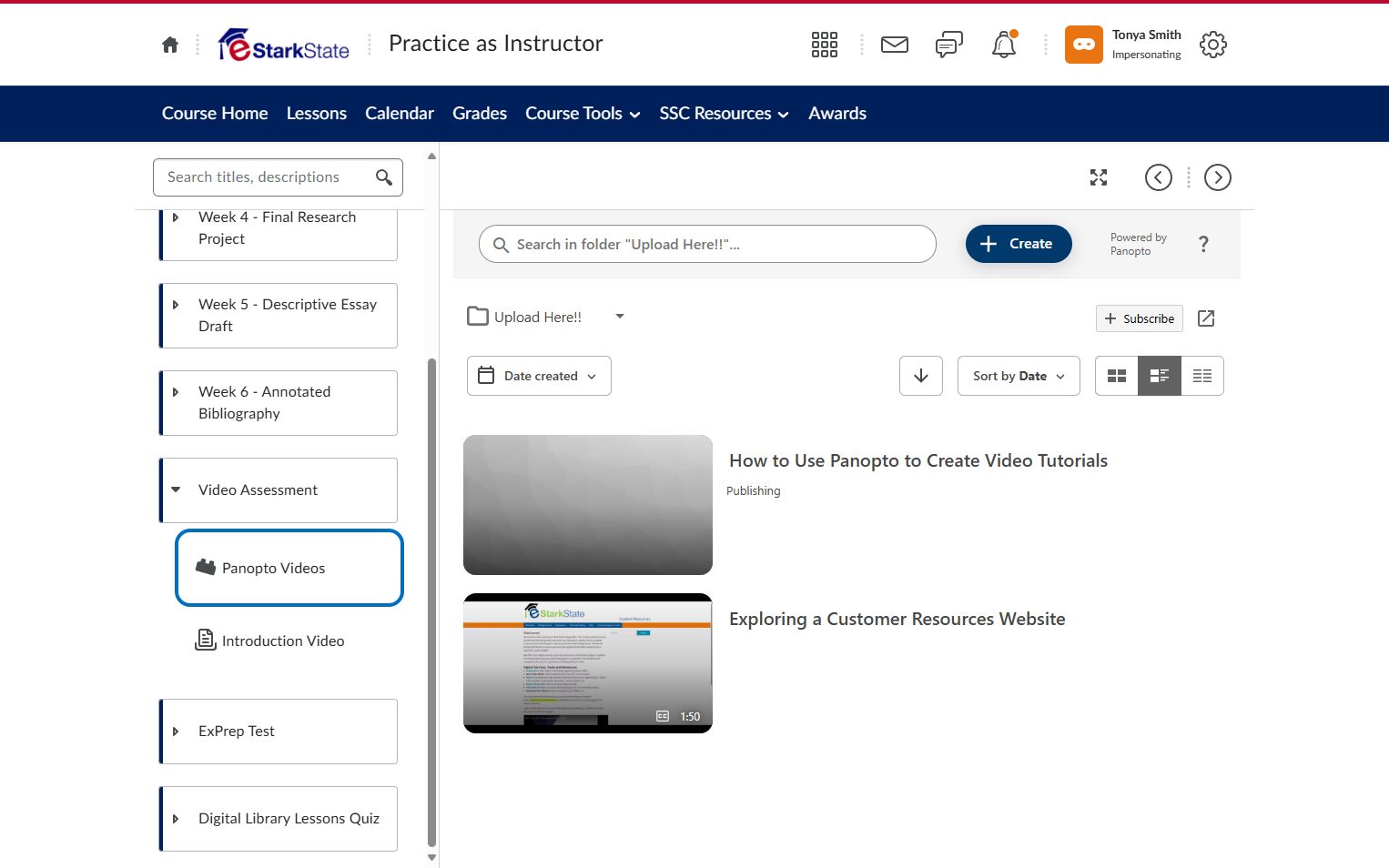 Open the Panopto link in your class and click on Create