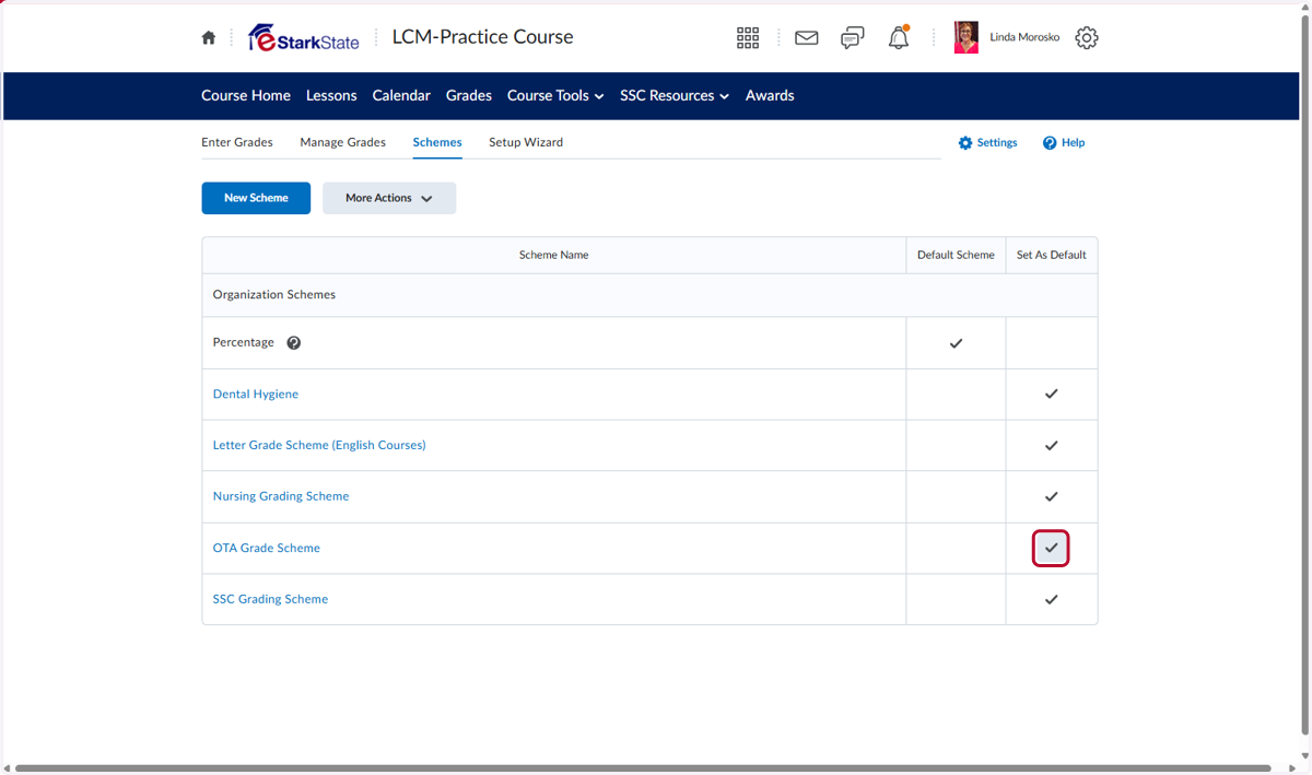 In the list of Grade Schemes, choose the one you want to use. Click the check box in the Set as Default column.