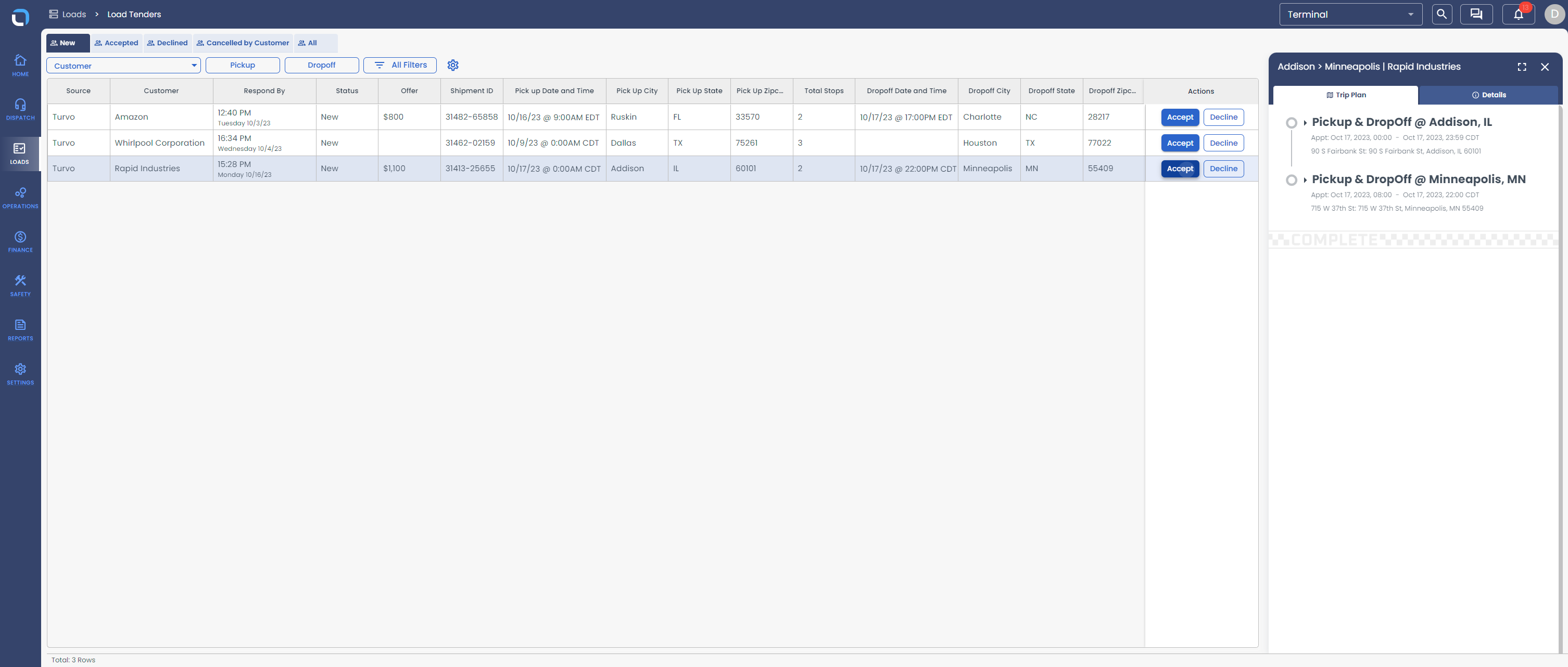 A load can be Accepted or Declined by Clicking on Accept/Decline option.