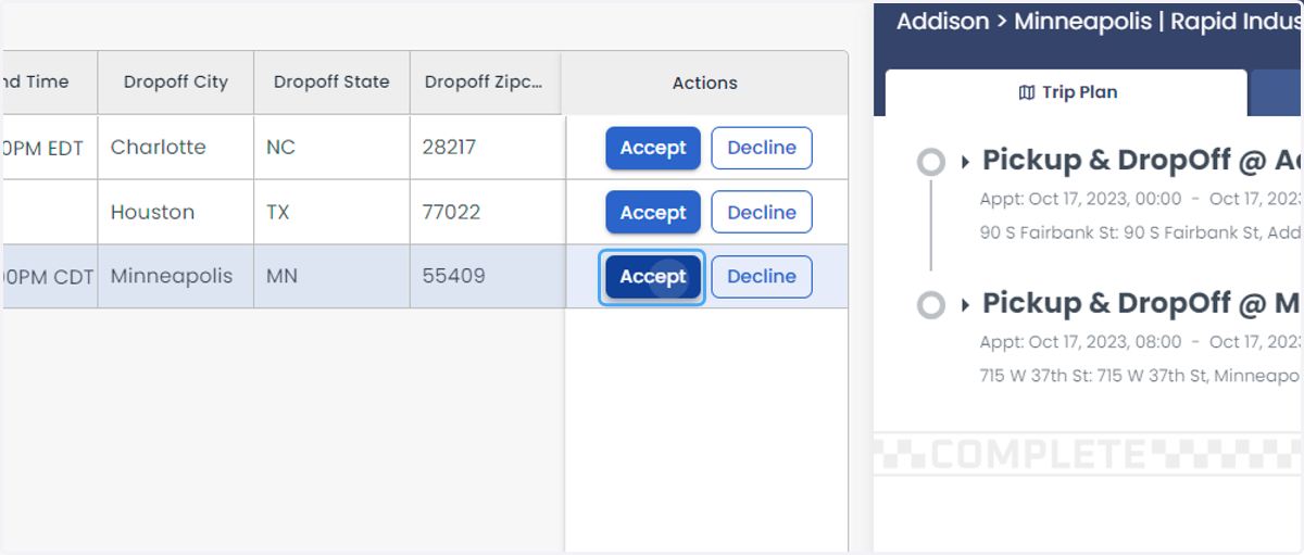 A load can be Accepted or Declined by Clicking on Accept/Decline option.
