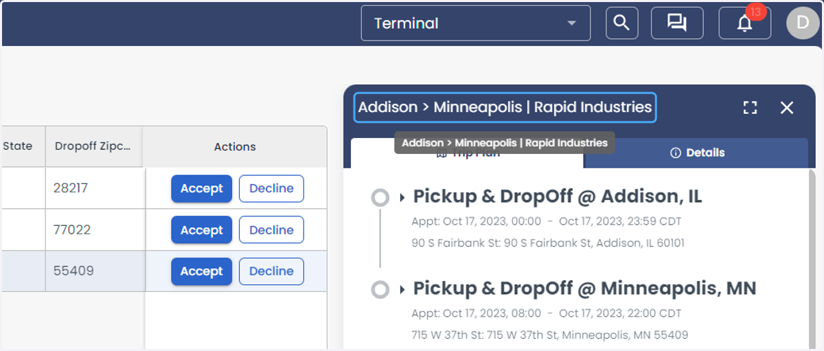 Click on Load tender to see the Trip details.
