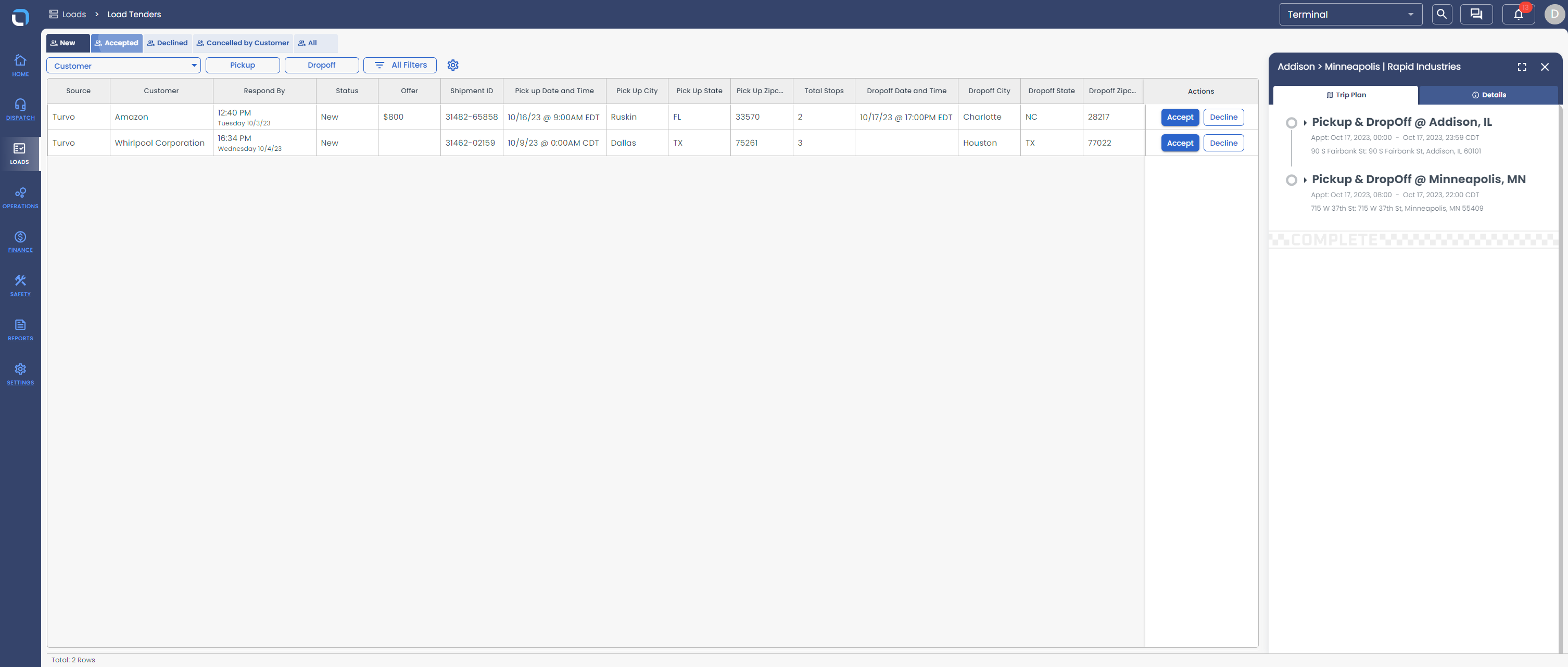 Click on Accepted Tab to get the list of Accepted Loads.