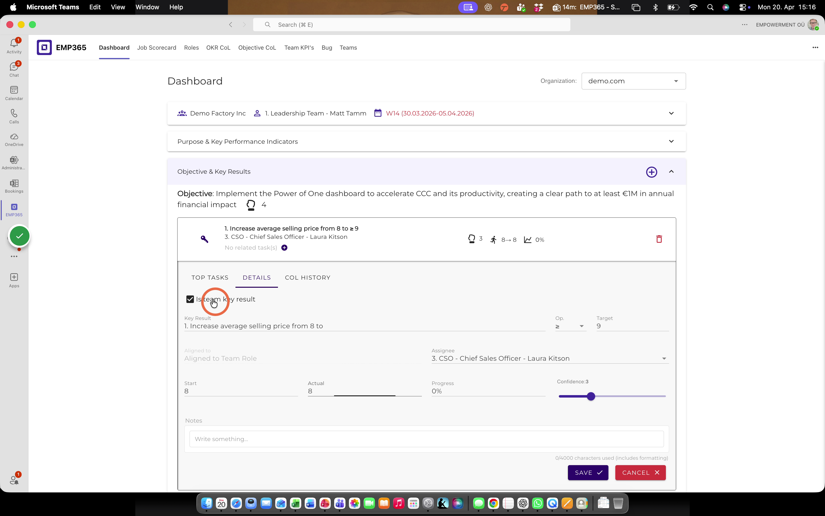 If you want the Key Result to be visible on the team dashboard, activate “Is team Key Result.”