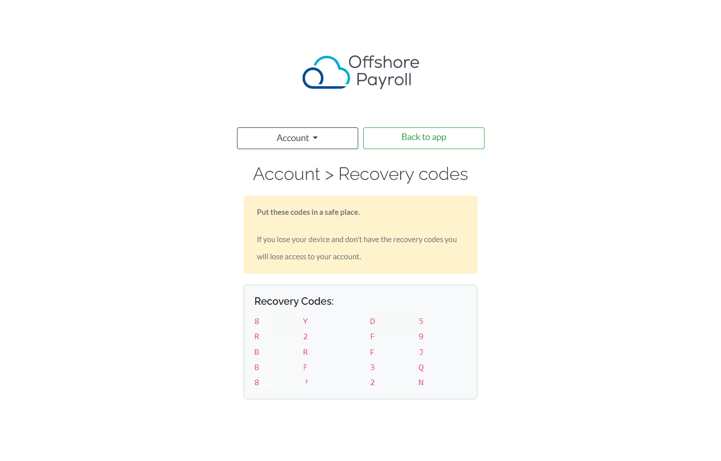 Please make sure to copy and store securely the Recovery codes that are only provided once.