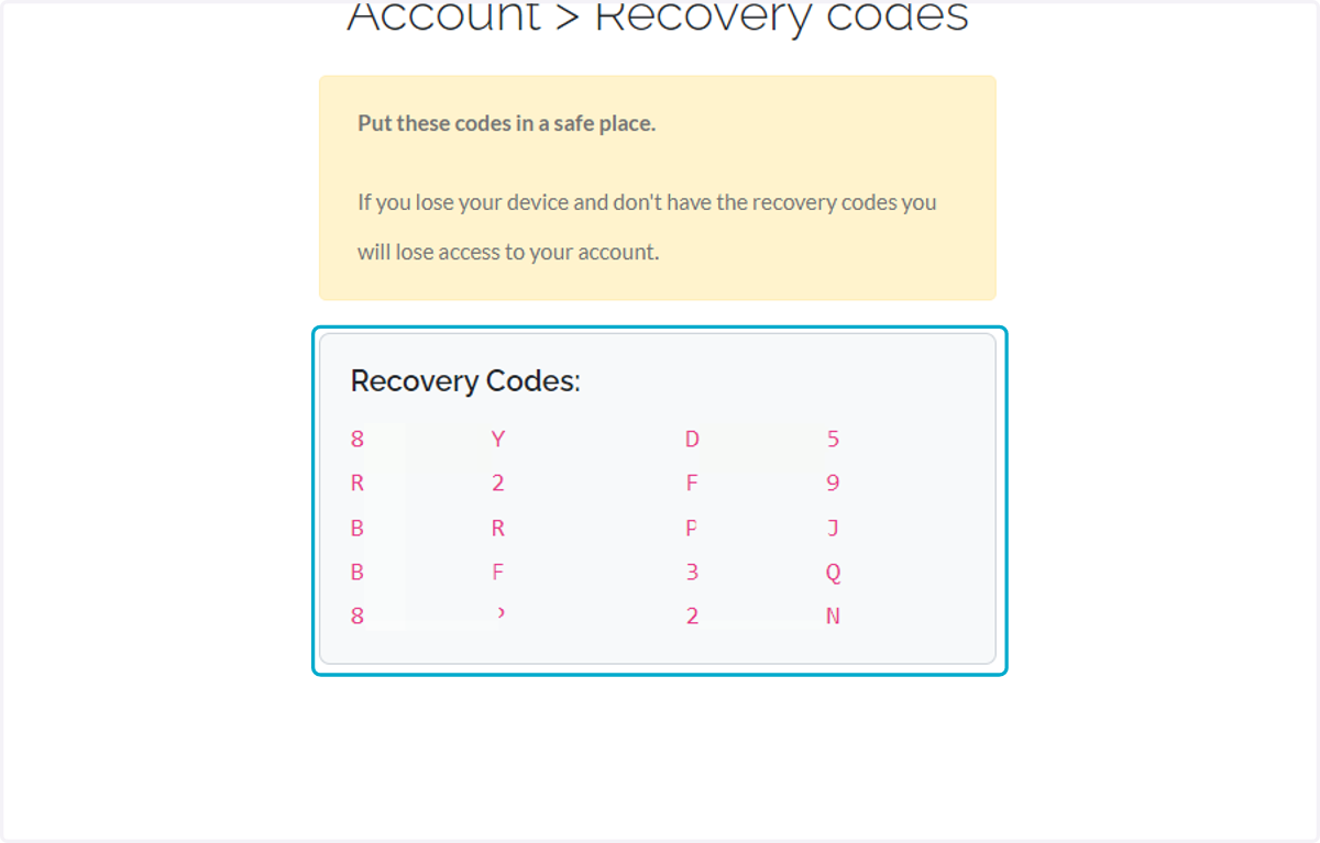 Please make sure to copy and store securely the Recovery codes that are only provided once.
