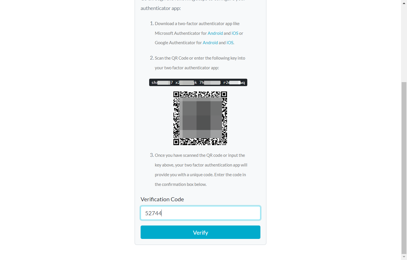 Type the one-time code generated in your Authentification app