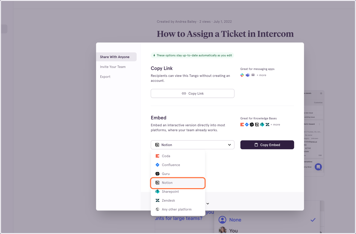 From the dropdown menu, select Notion as your embed destination