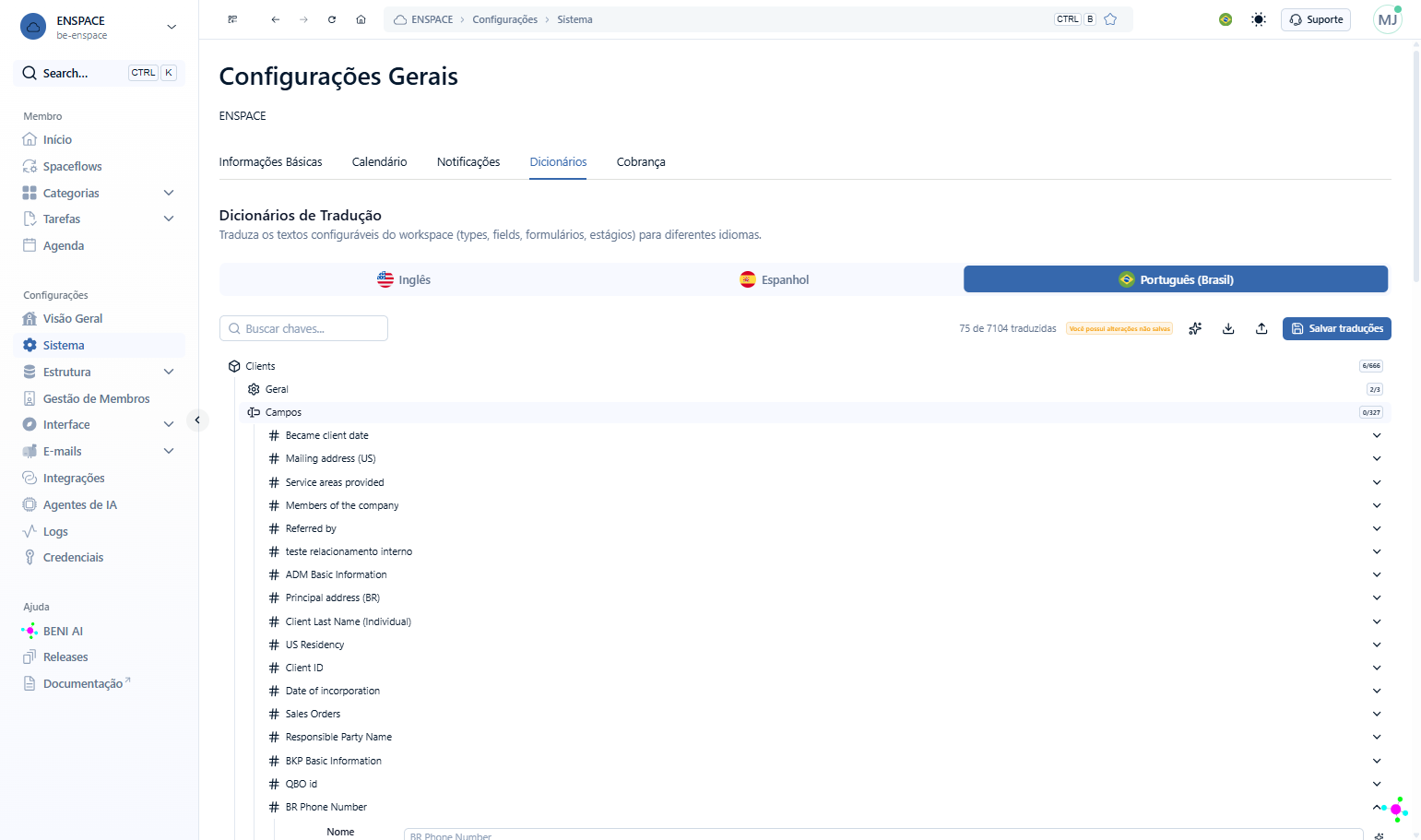 A seção "Campos" apresenta como subseções os campos criados na sua Categoria