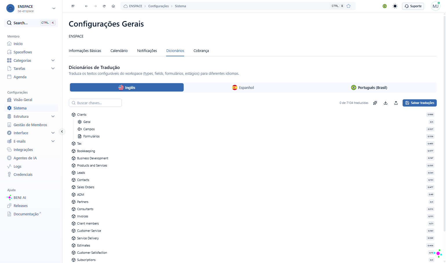 Neste exemplo, selecionaremos Português (Brasil) para traduzir um Workspace configurado em Inglês