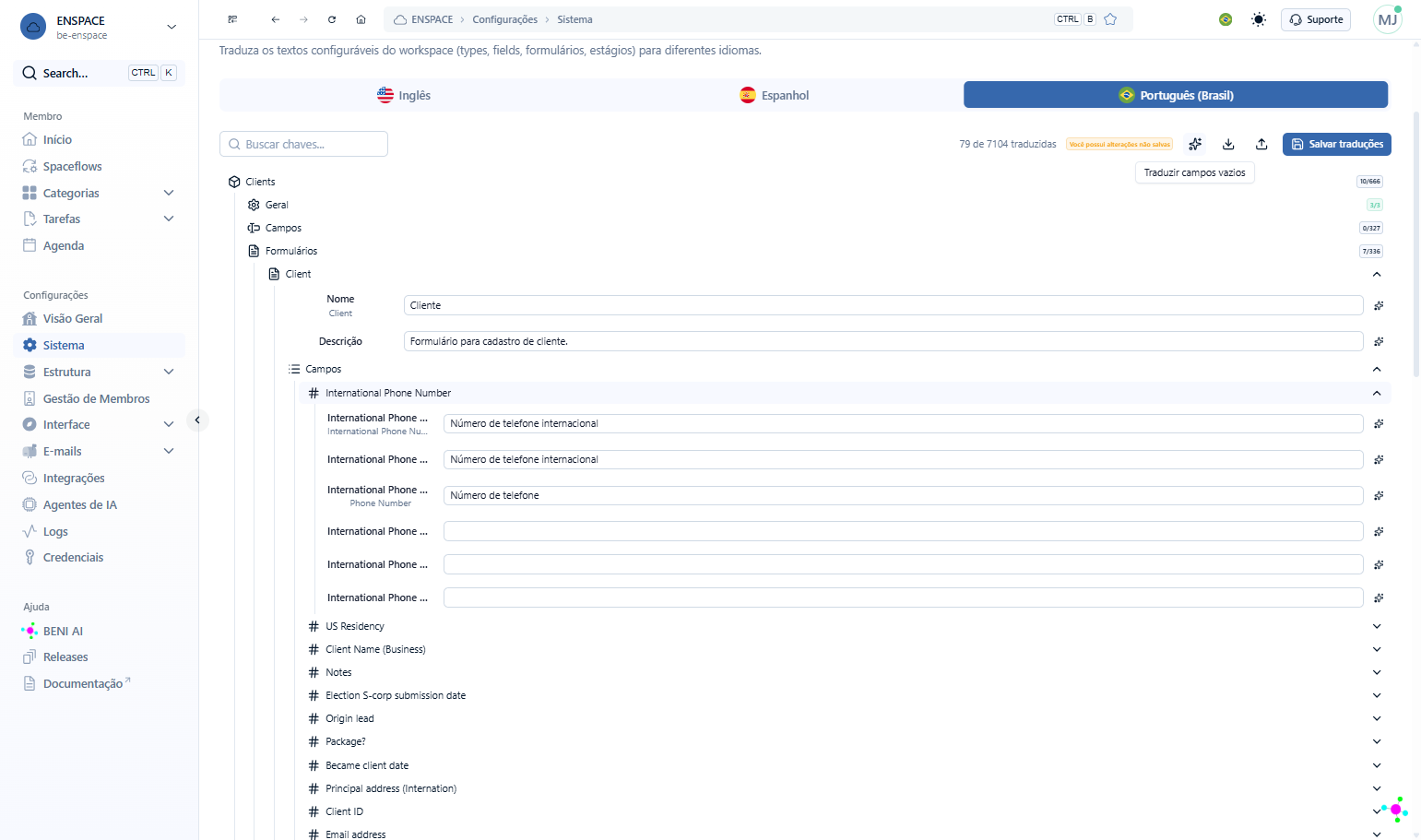 Se deseja traduzir globalmente o seu Workspace, você pode clicar no botão de IA no canto superior direito para traduzir todos os campos ainda vazios