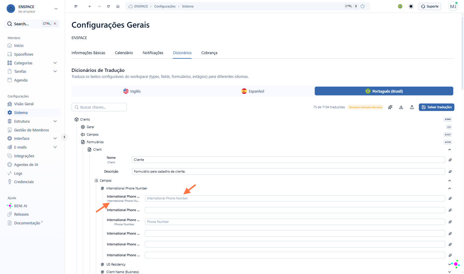 Os campos que apresentam dados preenchidos na configuração original, sempre mostrarão placeholder e descrição (pontos sinalizados)