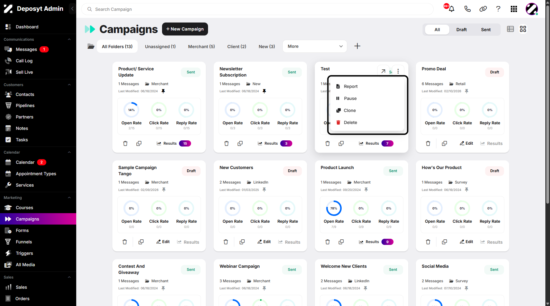 Step 6: A pop-up window will appear, where you can show campaign report, pause the campaign, clone or duplicate it, and delete it. This feature allows users to perform actions instantly.