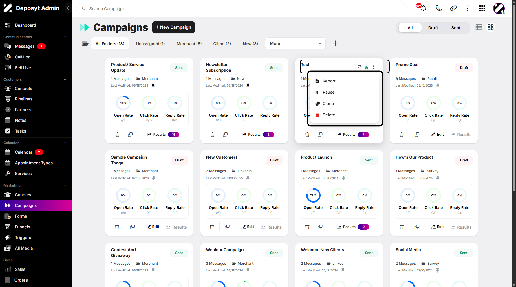 Step 6: A pop-up window will appear, where you can show campaign report, pause the campaign, clone or duplicate it, and delete it. This feature allows users to perform actions instantly.