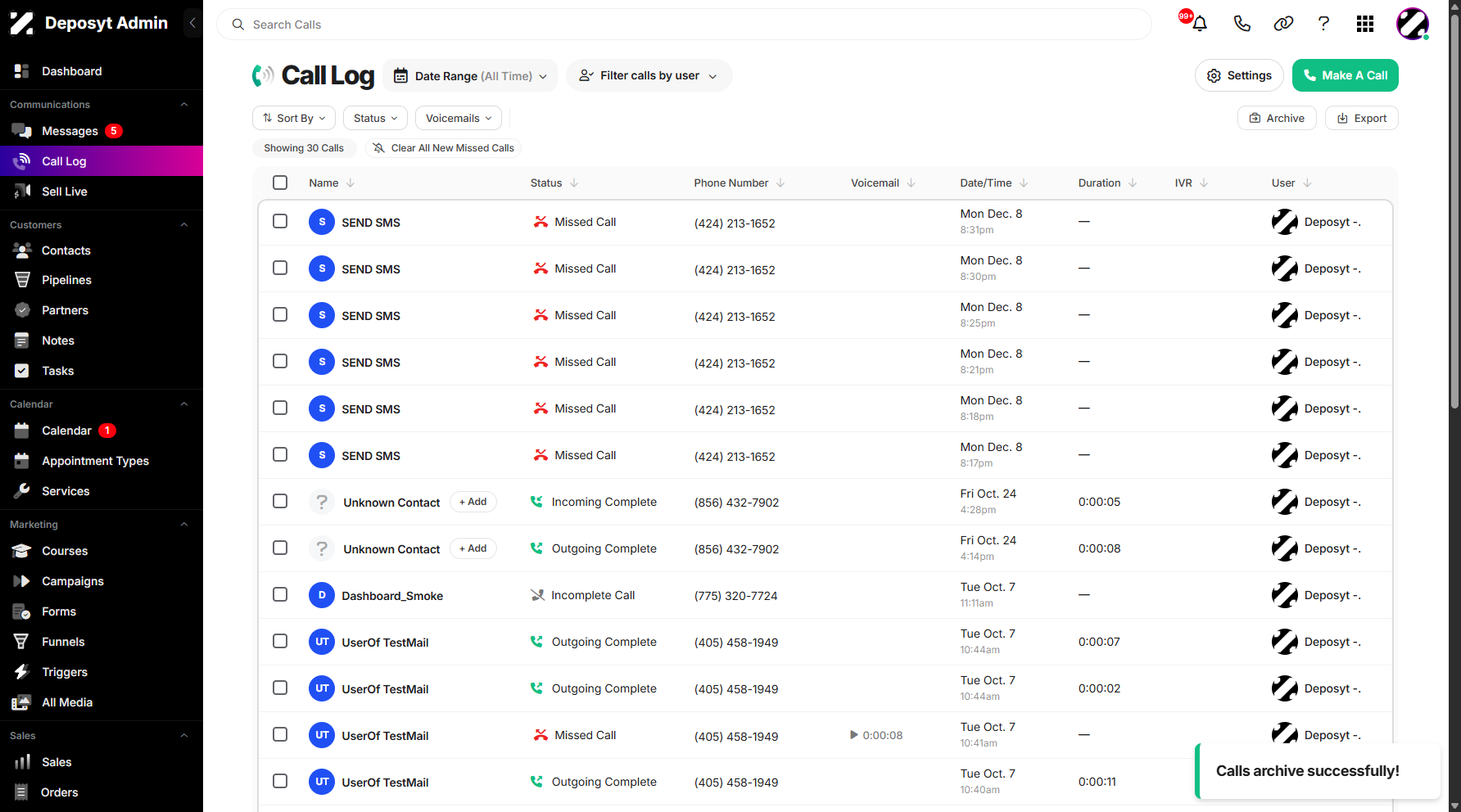 Step 9: A pop-up notification will appear, confirming that your calls have been successfully archived.