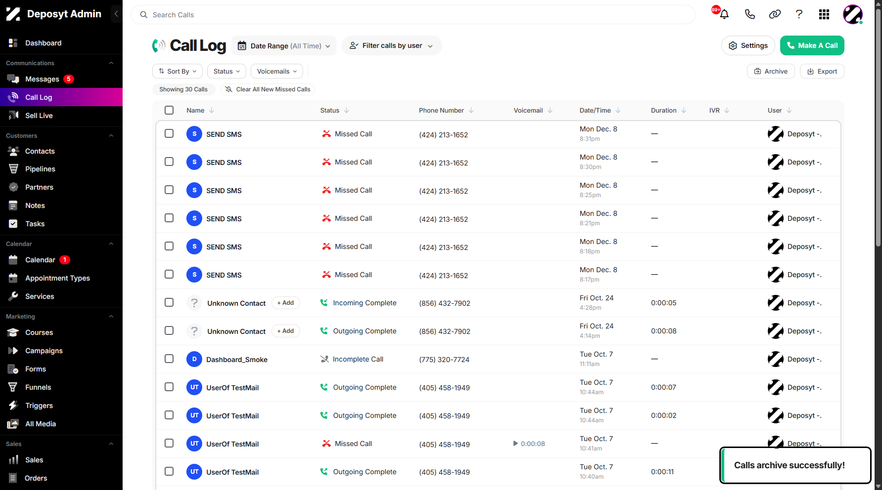 Step 9: A pop-up notification will appear, confirming that your calls have been successfully archived.