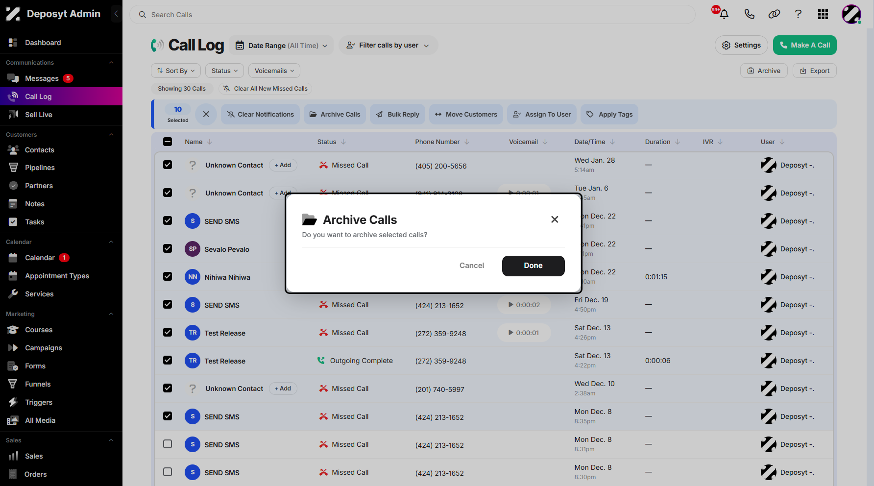 Step 7: A pop-up window will appear, asking you to confirm if you want to archive the selected calls.
