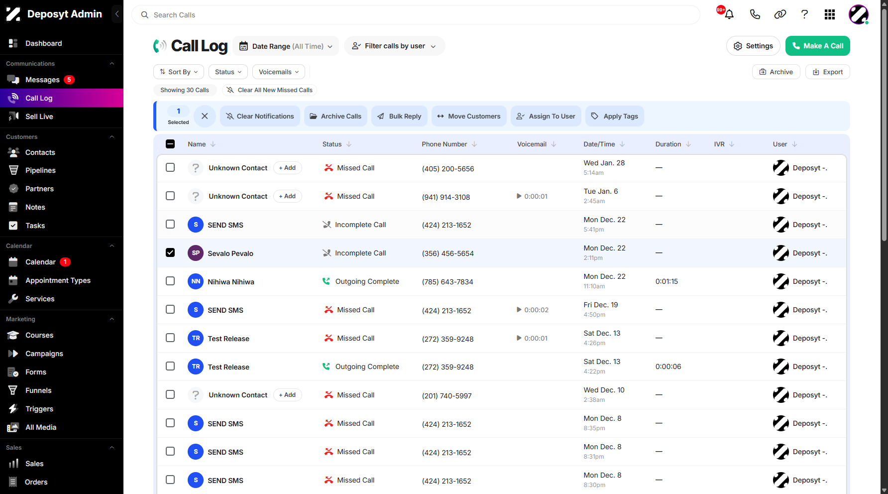 Step 3: To enable the Archiving action, select a call history entry from the list by clicking its checkbox.