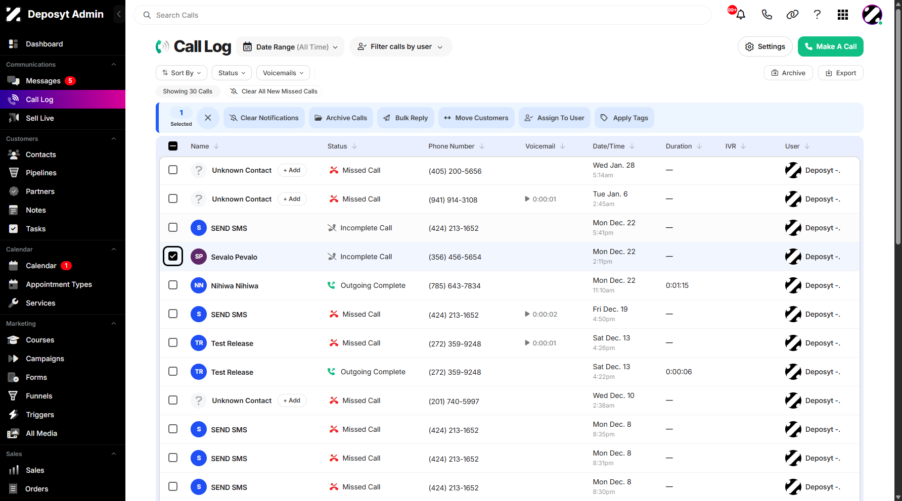 Step 3: To enable the Archiving action, select a call history entry from the list by clicking its checkbox.