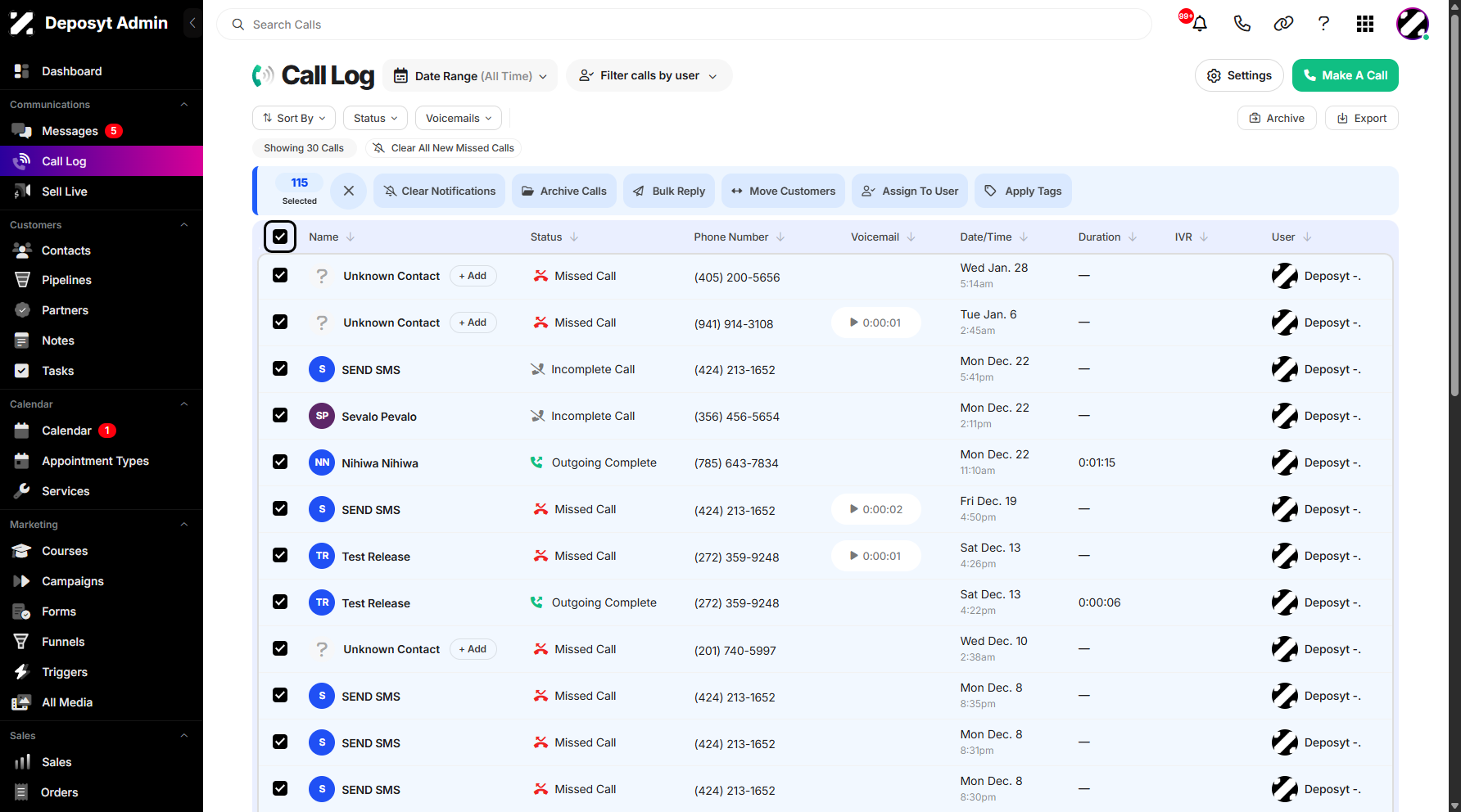 Step 4: Alternatively, you can click the Select All checkbox at the top to select all call history entries.