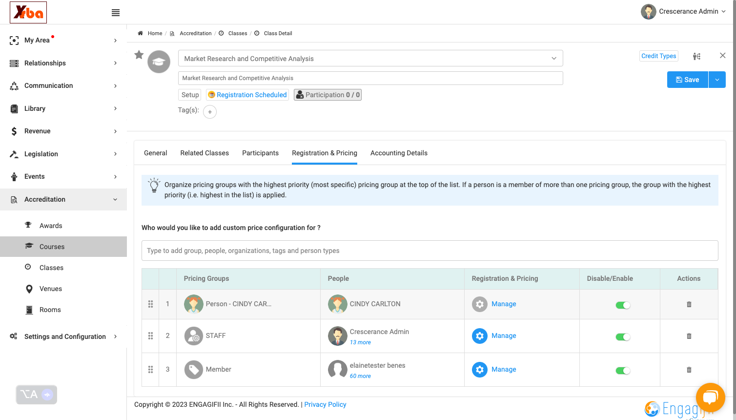 You can order the pricing rules to set seniority effect. Even if Cindy is a member or staff, she won't have to pay because her pricing rule is at the top of the list.