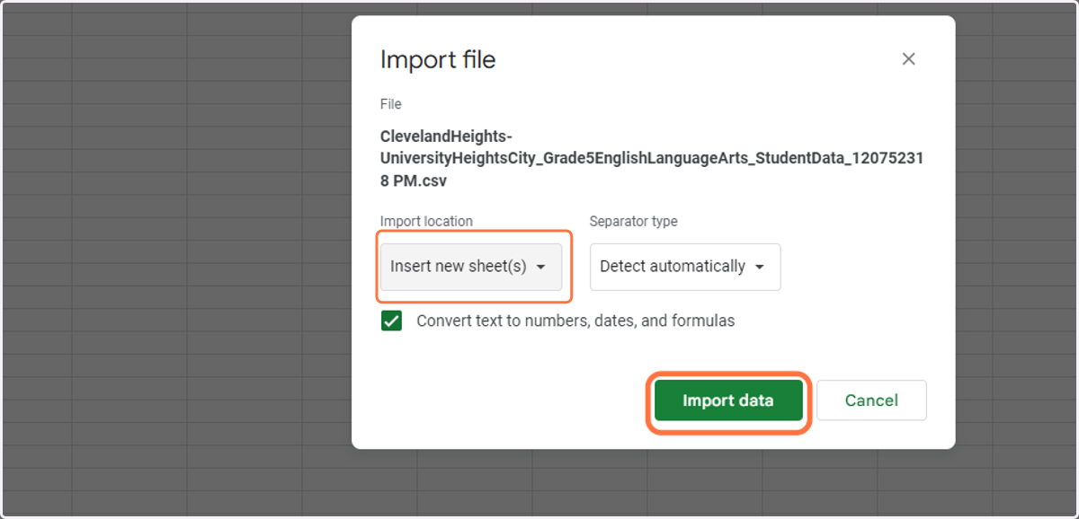 Select Insert New Sheet(s) and Import Data