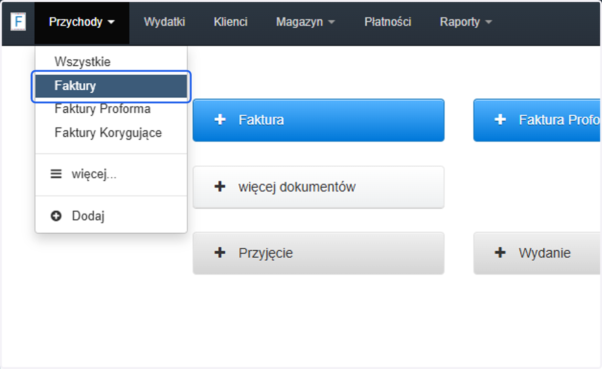 W celu weryfikacji domyślnego wyświetlania uwag na dokumencie, przejdź do zakładki Przychody > Faktury.