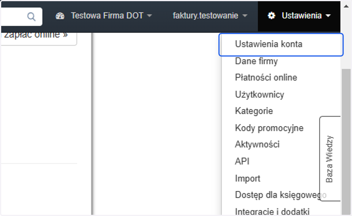 Następnie z listy wybierz 'Ustawienia konta'.