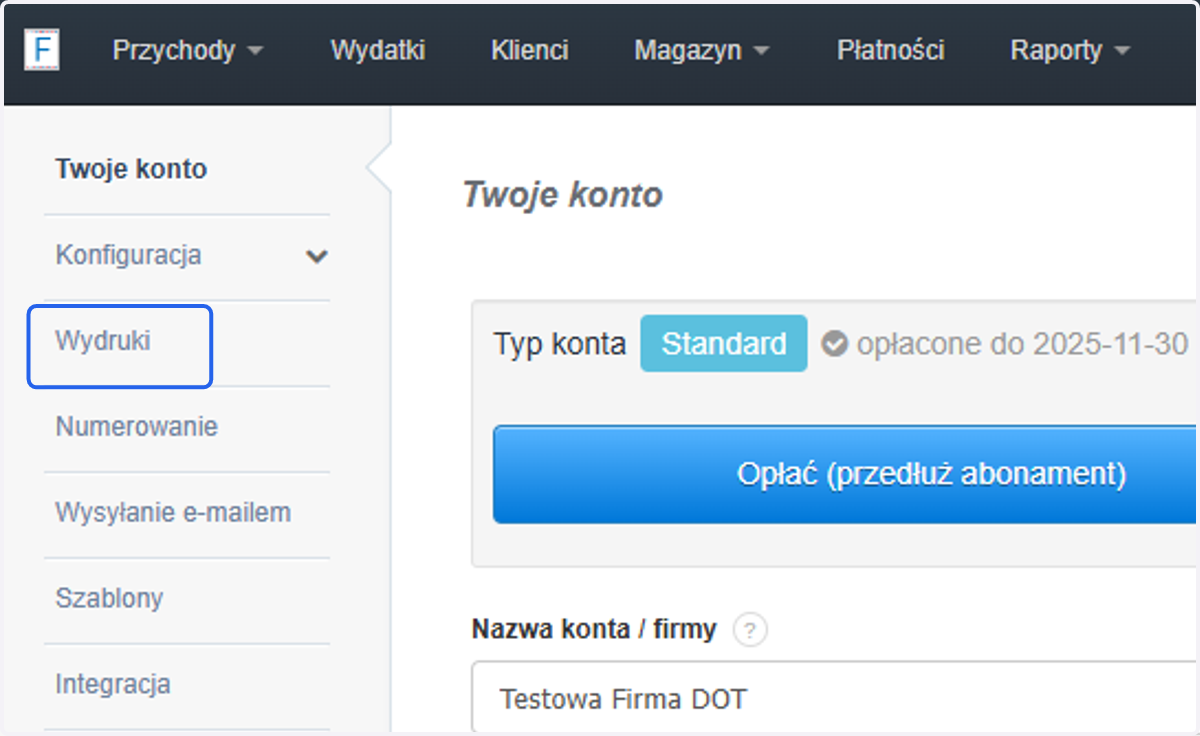 Z szarej belki po lewej stronie wybierz opcję 'Wydruki'.