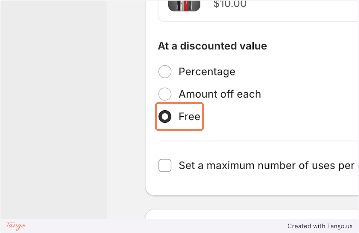 Choose the discount %, $ off or free