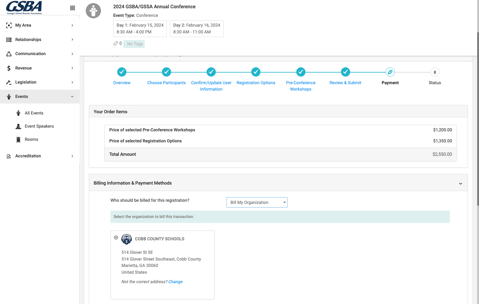Select Bill My Organization to invoice your organization