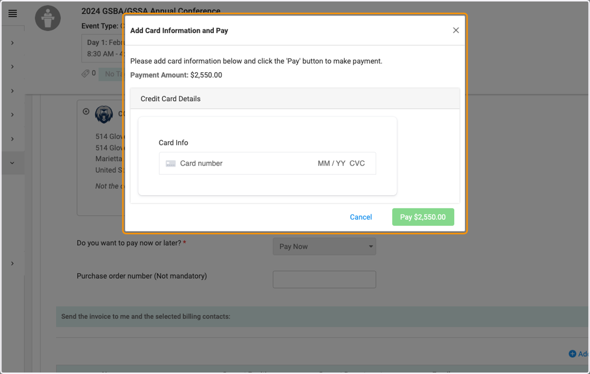 Enter Credit Card information into Pop Up window