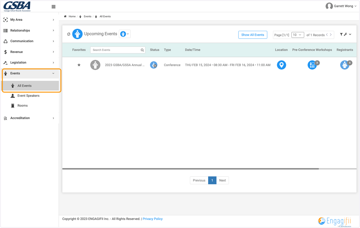 Click on Events, All Events