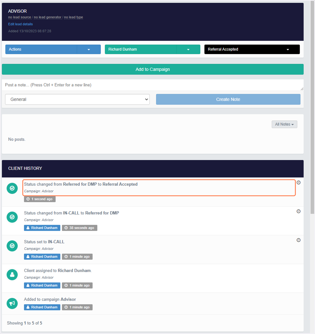 Status will automatically change from Referred for DMP to Referral Accepted…